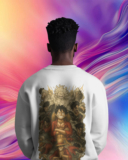Earth & Thread Unisex Luffy Anime Sweatshirt – Gear Forms Evolution Design | Cotton Fleece Pullover | Winter Wear | 350 GSM | Anime Graphic Hoodie Style