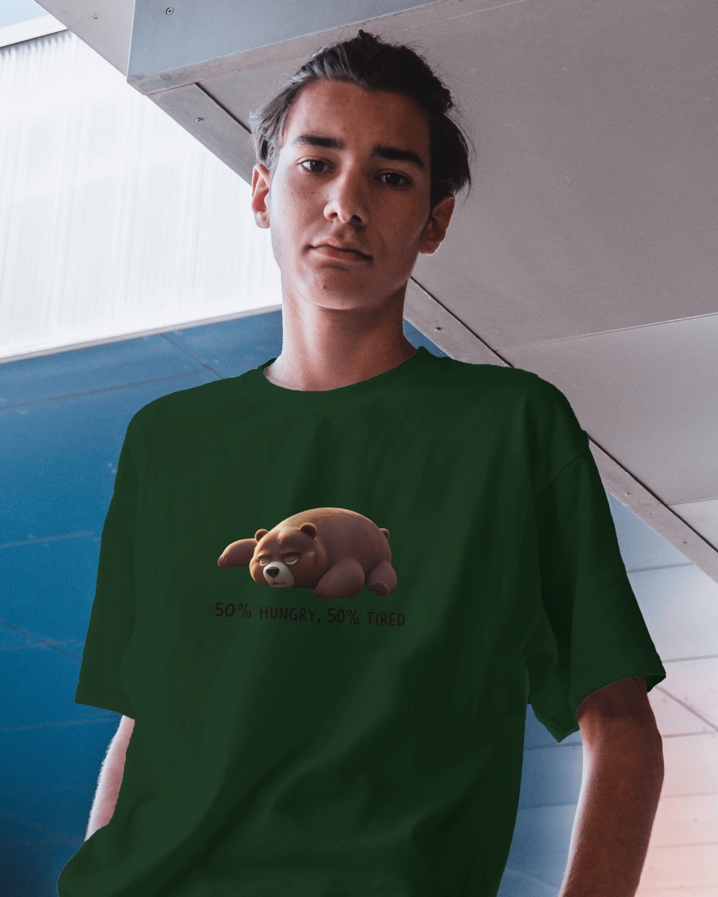 Earth & Thread | 50% Hungry 50% Tired Bear 100% Cotton Regular Fit T-Shirt - Premium 180 GSM Humorous Graphic