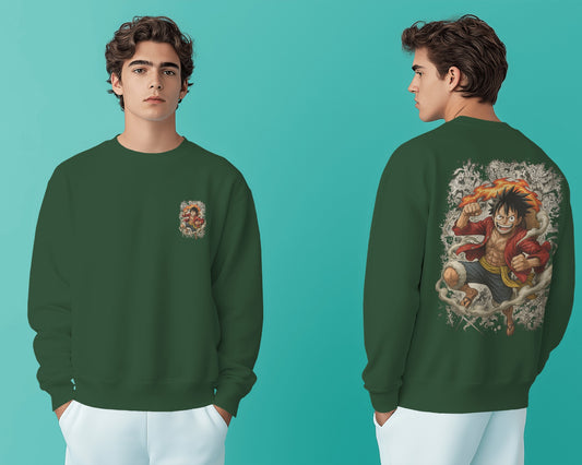 Earth & Thread Unisex One Piece Anime Sweatshirt – Luffy Graphic Oversized Cotton Fleece Pullover | Winter Streetwear for Men & Women