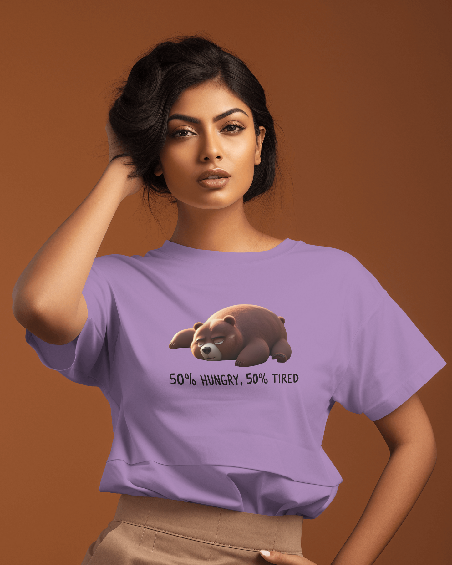 Earth & Thread | 50% Hungry 50% Tired Bear 100% Cotton Regular Fit T-Shirt - Premium 180 GSM Humorous Graphic