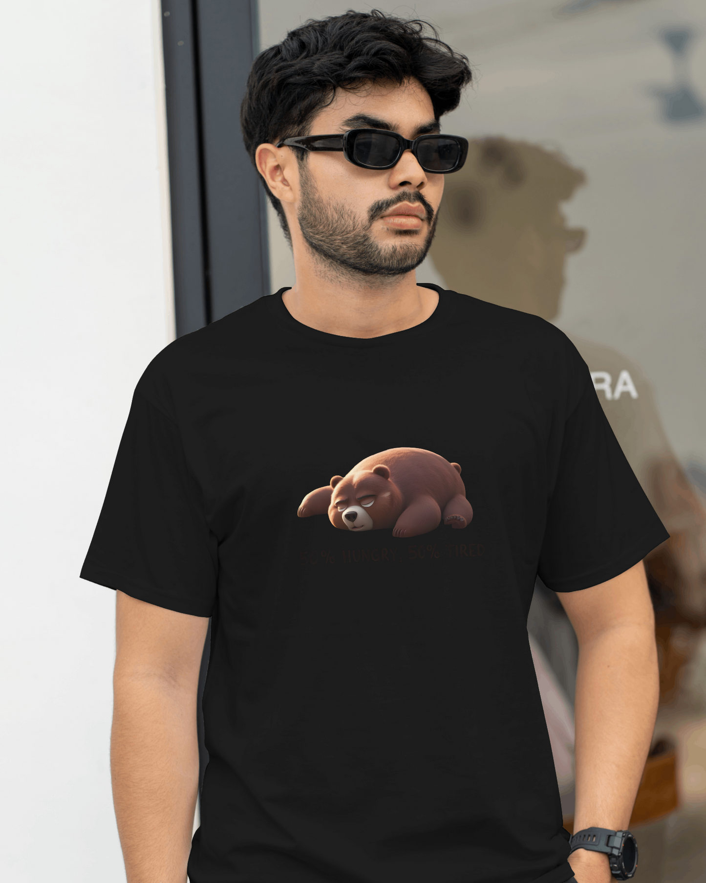 Earth & Thread | 50% Hungry 50% Tired Bear 100% Cotton Regular Fit T-Shirt - Premium 180 GSM Humorous Graphic