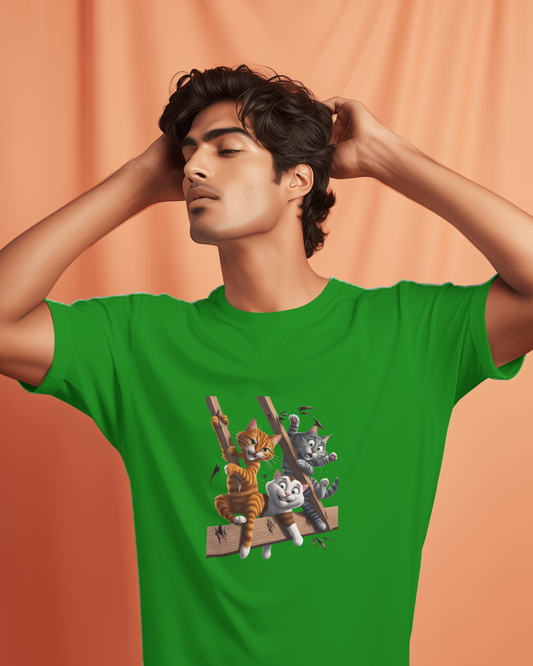 Earth & Thread | Escaping Cats 100% Cotton Regular Fit T-Shirt - Premium 180 GSM Playful Feline Graphic