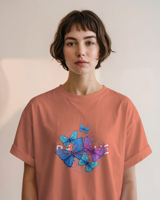 Earth & Thread | Believe Butterflies 100% Cotton Regular Fit T-Shirt - Premium 180 GSM Inspirational Nature Graphic Tee