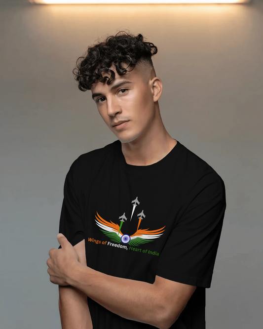 Earth & Thread | Wings of Freedom, Heart of India 100% Cotton Regular Fit T-Shirt - Premium 180 GSM Patriotic Aviation Graphic Tee