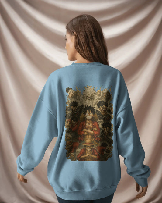 Earth & Thread Unisex Luffy Anime Sweatshirt – Gear Forms Evolution Design | Cotton Fleece Pullover | Winter Wear | 350 GSM | Anime Graphic Hoodie Style