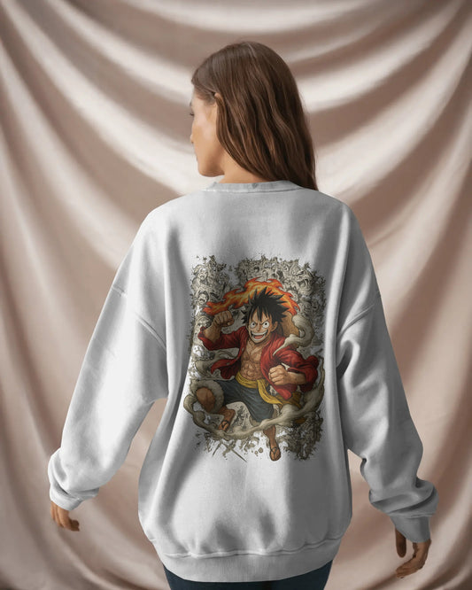 Earth & Thread Unisex One Piece Anime Sweatshirt – Luffy Graphic Oversized Cotton Fleece Pullover | Winter Streetwear for Men & Women
