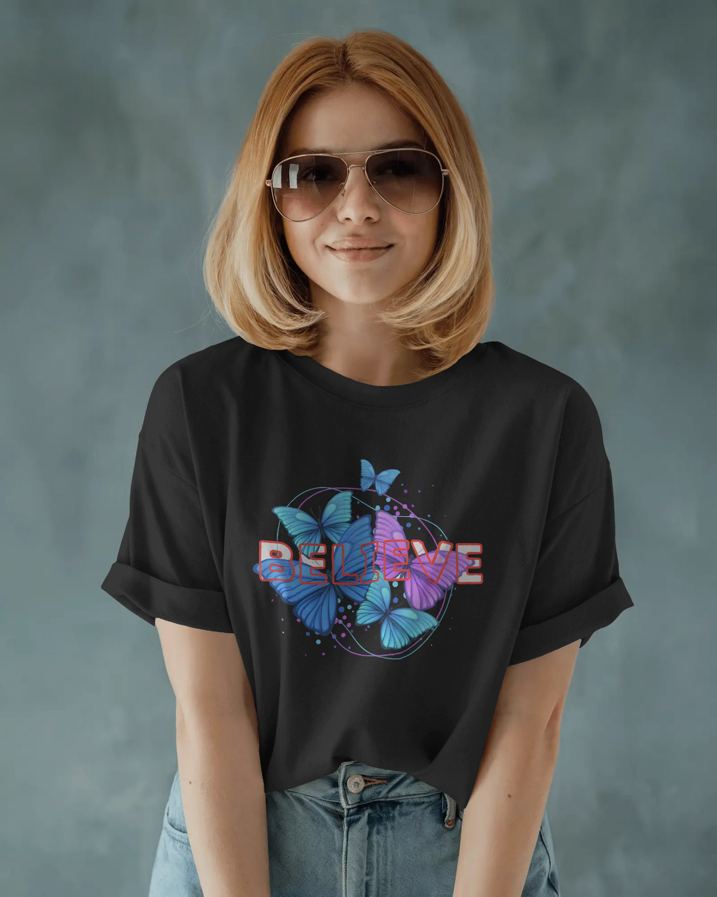 Earth & Thread | Believe Butterflies 100% Cotton Regular Fit T-Shirt - Premium 180 GSM Inspirational Nature Graphic Tee