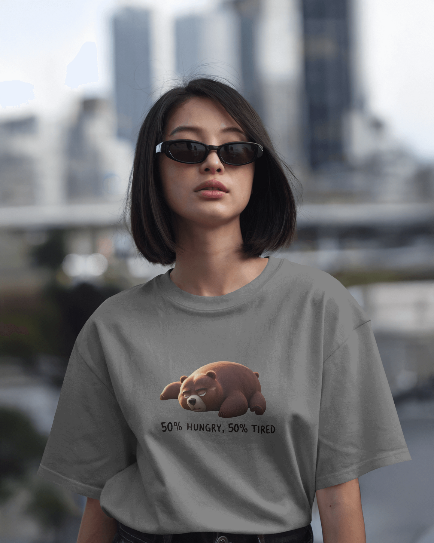 Earth & Thread | 50% Hungry 50% Tired Bear 100% Cotton Regular Fit T-Shirt - Premium 180 GSM Humorous Graphic