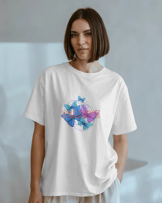 Earth & Thread | Believe Butterflies 100% Cotton Regular Fit T-Shirt - Premium 180 GSM Inspirational Nature Graphic Tee