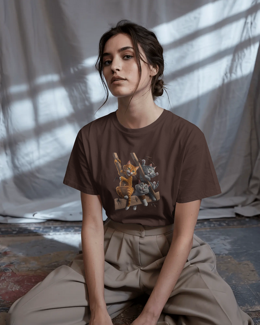 Earth & Thread | Escaping Cats 100% Cotton Regular Fit T-Shirt - Premium 180 GSM Playful Feline Graphic