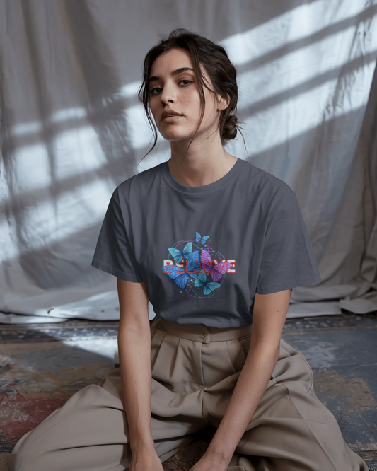 Earth & Thread | Believe Butterflies 100% Cotton Regular Fit T-Shirt - Premium 180 GSM Inspirational Nature Graphic Tee