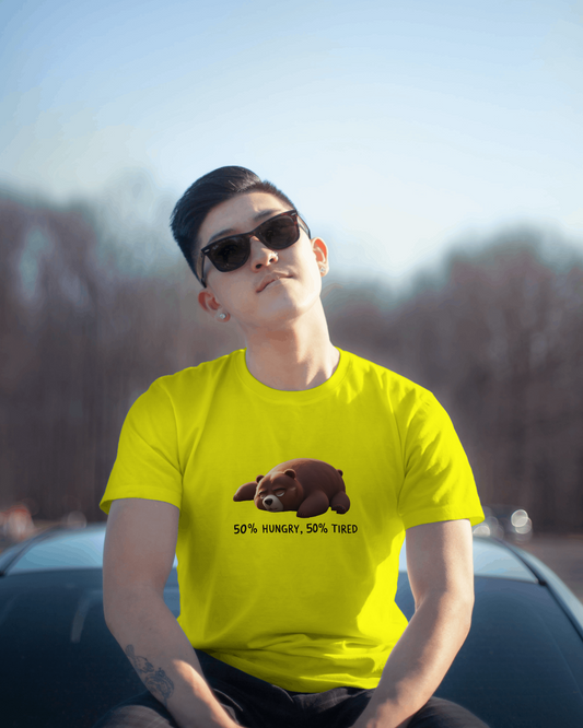 Earth & Thread | 50% Hungry 50% Tired Bear 100% Cotton Regular Fit T-Shirt - Premium 180 GSM Humorous Graphic