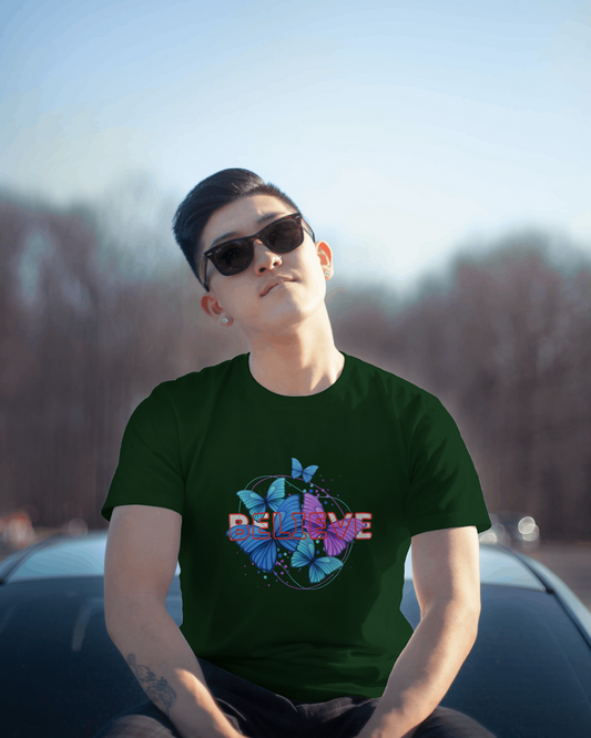 Earth & Thread | Believe Butterflies 100% Cotton Regular Fit T-Shirt - Premium 180 GSM Inspirational Nature Graphic Tee