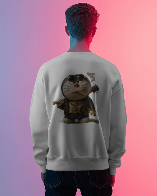 Earth & Thread Unisex Samurai Anime Cat Graphic Oversized Sweatshirt | 350 GSM Cotton Fleece Pullover | Casual Winter Streetwear for Men & Women | Premium Printed Crew Neck