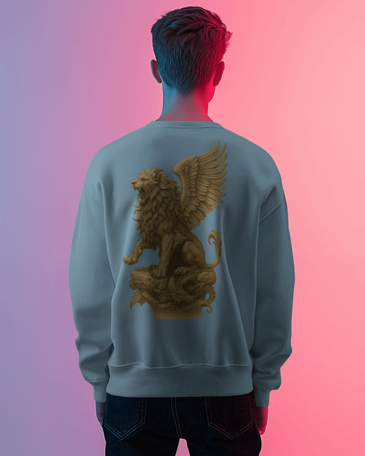 Earth & Thread Unisex Mythical Lion Graphic Oversized Sweatshirt | 350 GSM Cotton Fleece Pullover | Winter Streetwear for Men & Women | Premium Printed Crew Neck