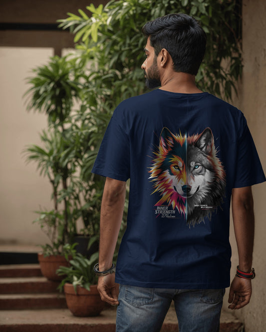 "Earth & Thread | Inner Strength Wolf 100% Cotton Oversized Tee - Premium French Terry Duality Graphic"