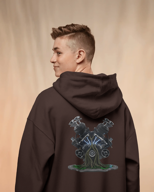 Earth & Thread | Biomechanical Engine Tree Oversized Hoodie - Premium 350 GSM Ultra-Smooth Fleece Back Print