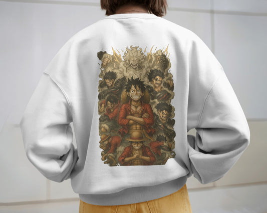Earth & Thread Unisex Luffy Anime Sweatshirt – Gear Forms Evolution Design | Cotton Fleece Pullover | Winter Wear | 350 GSM | Anime Graphic Hoodie Style