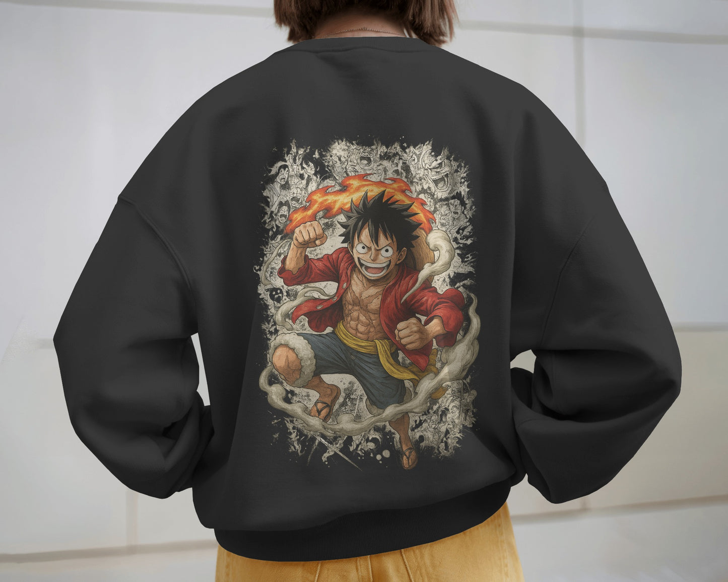 Earth & Thread Unisex One Piece Anime Sweatshirt – Luffy Graphic Oversized Cotton Fleece Pullover | Winter Streetwear for Men & Women