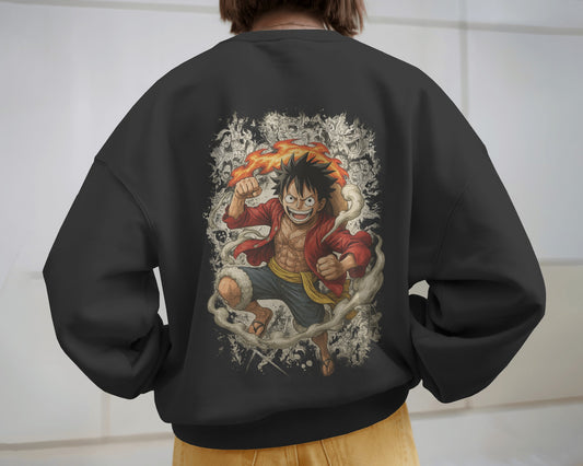 Earth & Thread Unisex One Piece Anime Sweatshirt – Luffy Graphic Oversized Cotton Fleece Pullover | Winter Streetwear for Men & Women