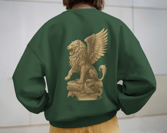 Earth & Thread Unisex Mythical Lion Graphic Oversized Sweatshirt | 350 GSM Cotton Fleece Pullover | Winter Streetwear for Men & Women | Premium Printed Crew Neck