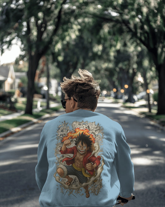 Earth & Thread Unisex One Piece Anime Sweatshirt – Luffy Graphic Oversized Cotton Fleece Pullover | Winter Streetwear for Men & Women