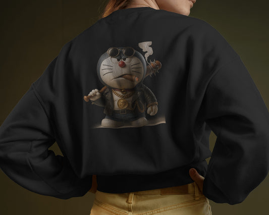 Earth & Thread Unisex Samurai Anime Cat Graphic Oversized Sweatshirt | 350 GSM Cotton Fleece Pullover | Casual Winter Streetwear for Men & Women | Premium Printed Crew Neck