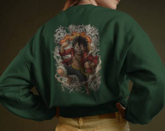 Earth & Thread Unisex One Piece Anime Sweatshirt – Luffy Graphic Oversized Cotton Fleece Pullover | Winter Streetwear for Men & Women