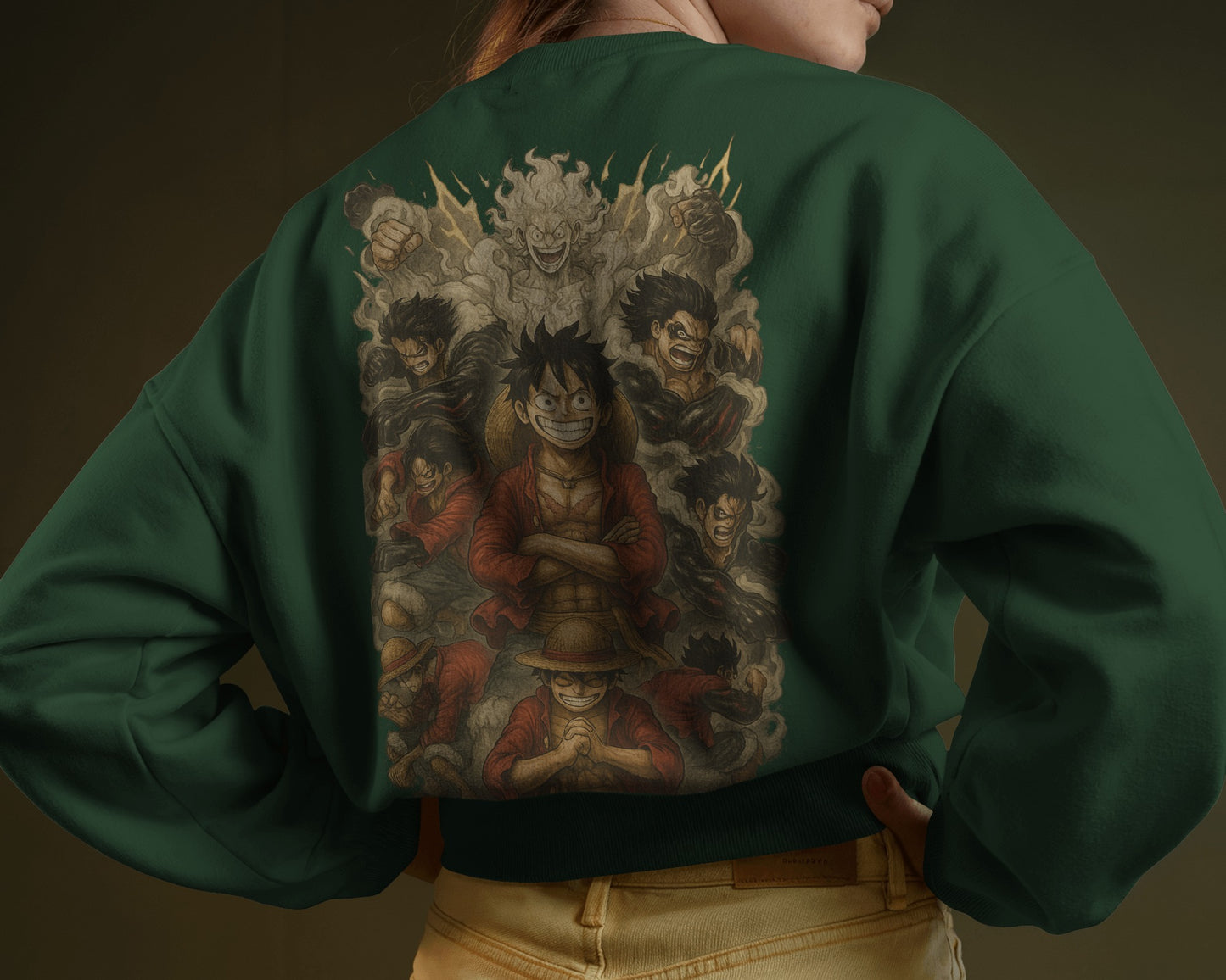 Earth & Thread Unisex Luffy Anime Sweatshirt – Gear Forms Evolution Design | Cotton Fleece Pullover | Winter Wear | 350 GSM | Anime Graphic Hoodie Style
