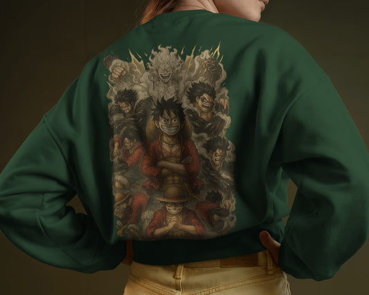 Earth & Thread Unisex Luffy Anime Sweatshirt – Gear Forms Evolution Design | Cotton Fleece Pullover | Winter Wear | 350 GSM | Anime Graphic Hoodie Style