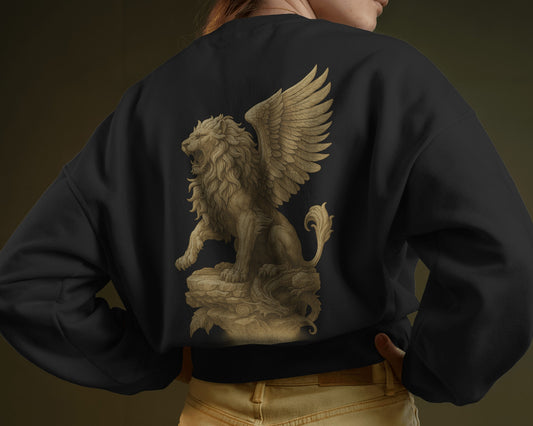 Earth & Thread Unisex Mythical Lion Graphic Oversized Sweatshirt | 350 GSM Cotton Fleece Pullover | Winter Streetwear for Men & Women | Premium Printed Crew Neck