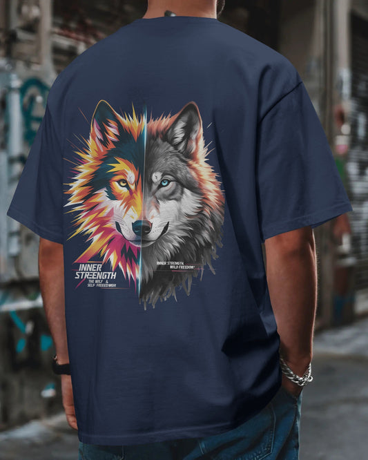 "Earth & Thread | Inner Strength Wolf 100% Cotton Oversized Tee - Premium French Terry Duality Graphic"