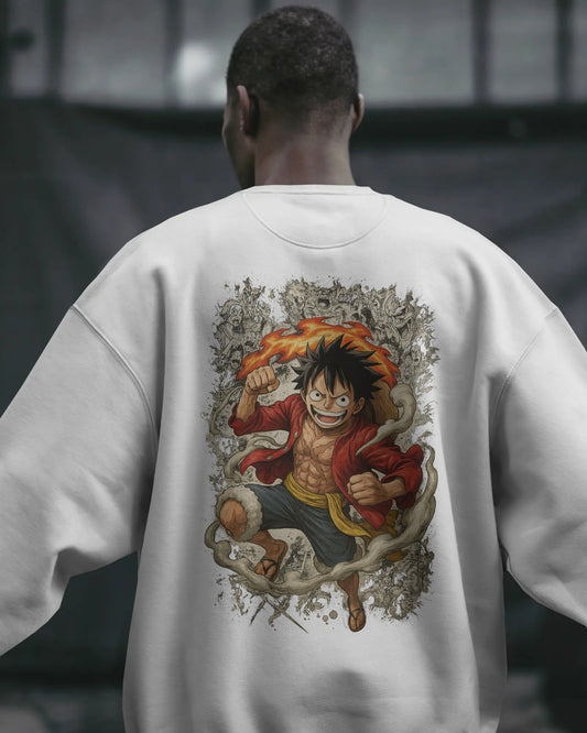Earth & Thread Unisex One Piece Anime Sweatshirt – Luffy Graphic Oversized Cotton Fleece Pullover | Winter Streetwear for Men & Women