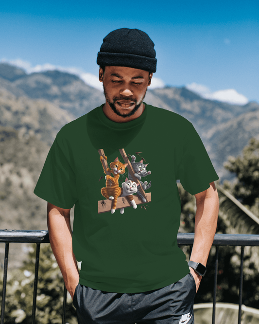 Earth & Thread | Escaping Cats 100% Cotton Regular Fit T-Shirt - Premium 180 GSM Playful Feline Graphic