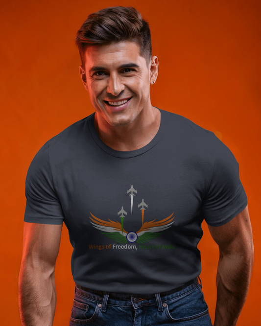 Earth & Thread | Wings of Freedom, Heart of India 100% Cotton Regular Fit T-Shirt - Premium 180 GSM Patriotic Aviation Graphic Tee