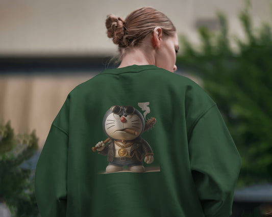 Earth & Thread Unisex Samurai Anime Cat Graphic Oversized Sweatshirt | 350 GSM Cotton Fleece Pullover | Casual Winter Streetwear for Men & Women | Premium Printed Crew Neck
