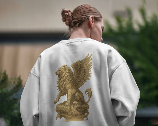 Earth & Thread Unisex Mythical Lion Graphic Oversized Sweatshirt | 350 GSM Cotton Fleece Pullover | Winter Streetwear for Men & Women | Premium Printed Crew Neck