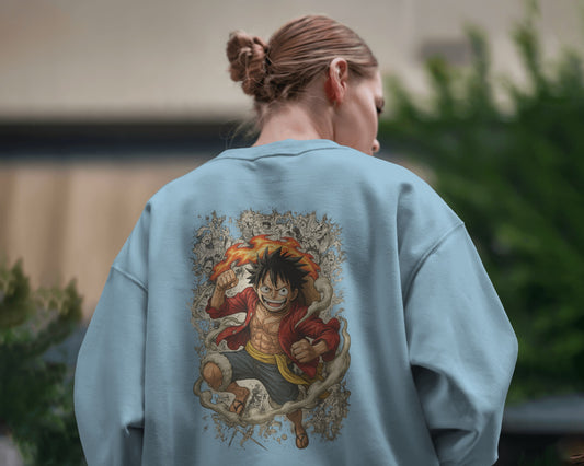 Earth & Thread Unisex One Piece Anime Sweatshirt – Luffy Graphic Oversized Cotton Fleece Pullover | Winter Streetwear for Men & Women