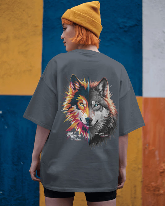 "Earth & Thread | Inner Strength Wolf 100% Cotton Oversized Tee - Premium French Terry Duality Graphic"