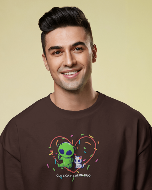 Alien & Cat Friendship in Oversized Comfort – Cute Tee