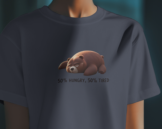 Earth & Thread | 50% Hungry 50% Tired Bear 100% Cotton Regular Fit T-Shirt - Premium 180 GSM Humorous Graphic