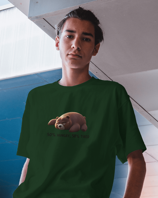 Earth & Thread | 50% Hungry 50% Tired Bear 100% Cotton Regular Fit T-Shirt - Premium 180 GSM Humorous Graphic