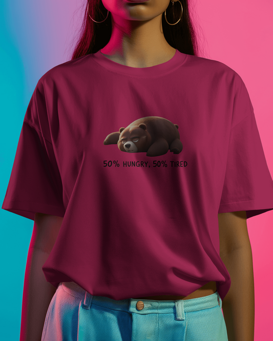 Earth & Thread | 50% Hungry 50% Tired Bear 100% Cotton Regular Fit T-Shirt - Premium 180 GSM Humorous Graphic