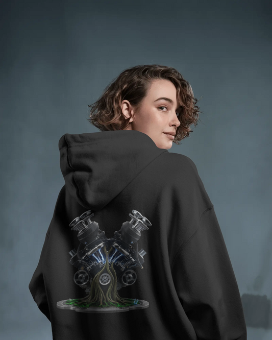 Earth & Thread | Biomechanical Engine Tree Oversized Hoodie - Premium 350 GSM Ultra-Smooth Fleece Back Print