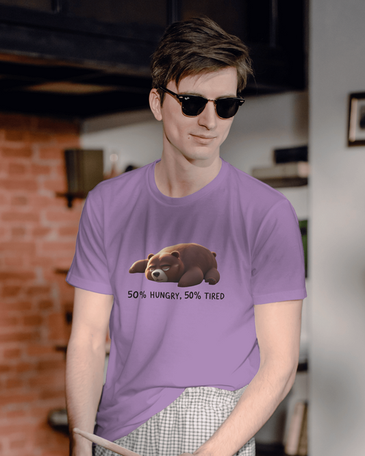 Earth & Thread | 50% Hungry 50% Tired Bear 100% Cotton Regular Fit T-Shirt - Premium 180 GSM Humorous Graphic