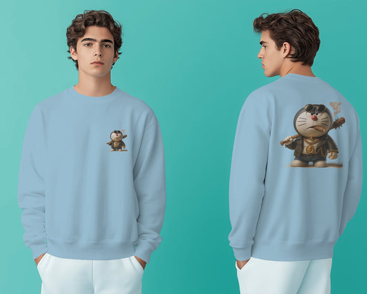 Earth & Thread Unisex Samurai Anime Cat Graphic Oversized Sweatshirt | 350 GSM Cotton Fleece Pullover | Casual Winter Streetwear for Men & Women | Premium Printed Crew Neck