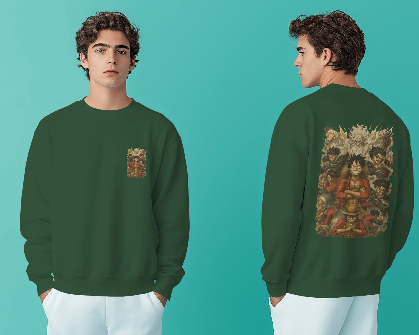 Earth & Thread Unisex Luffy Anime Sweatshirt – Gear Forms Evolution Design | Cotton Fleece Pullover | Winter Wear | 350 GSM | Anime Graphic Hoodie Style