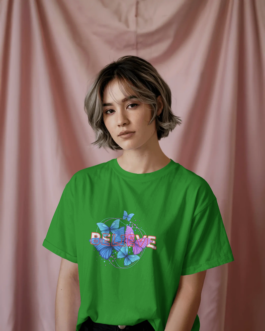 Earth & Thread | Believe Butterflies 100% Cotton Regular Fit T-Shirt - Premium 180 GSM Inspirational Nature Graphic Tee