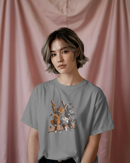 Earth & Thread | Escaping Cats 100% Cotton Regular Fit T-Shirt - Premium 180 GSM Playful Feline Graphic
