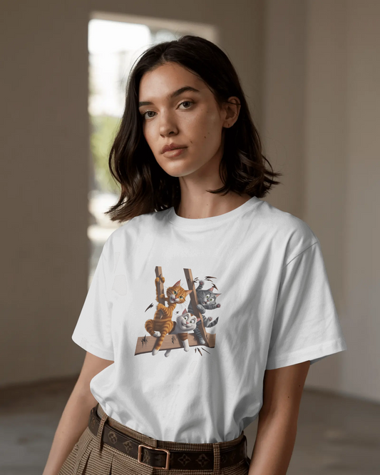 Earth & Thread | Escaping Cats 100% Cotton Regular Fit T-Shirt - Premium 180 GSM Playful Feline Graphic